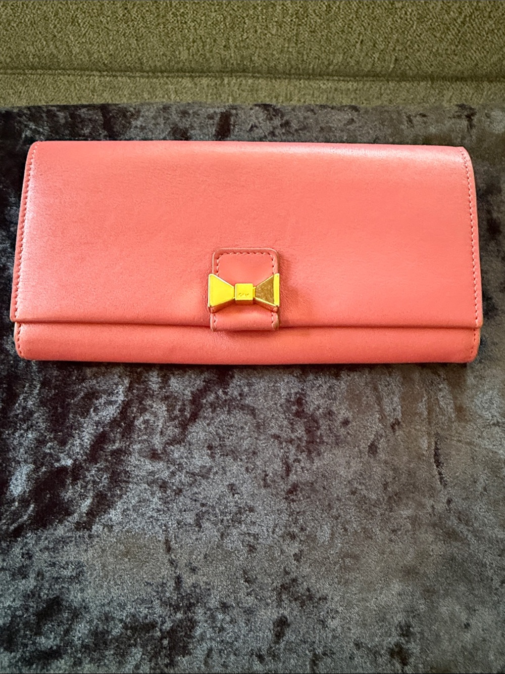 Chloe Coral Leather Wallet with Gold Bow Accent